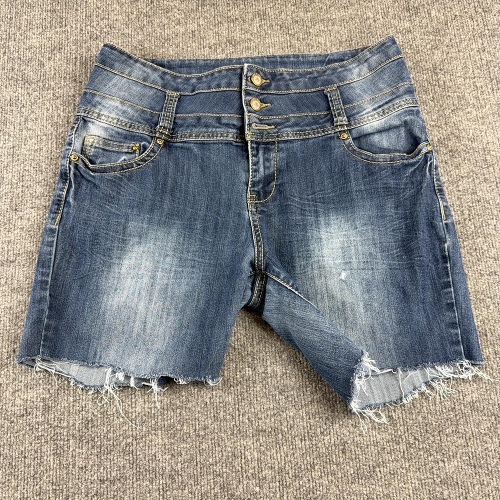 Y2K 1st Kiss Shorts Juniors 13 Blue Denim Cutoff Raw Hem Triple Button Stretch